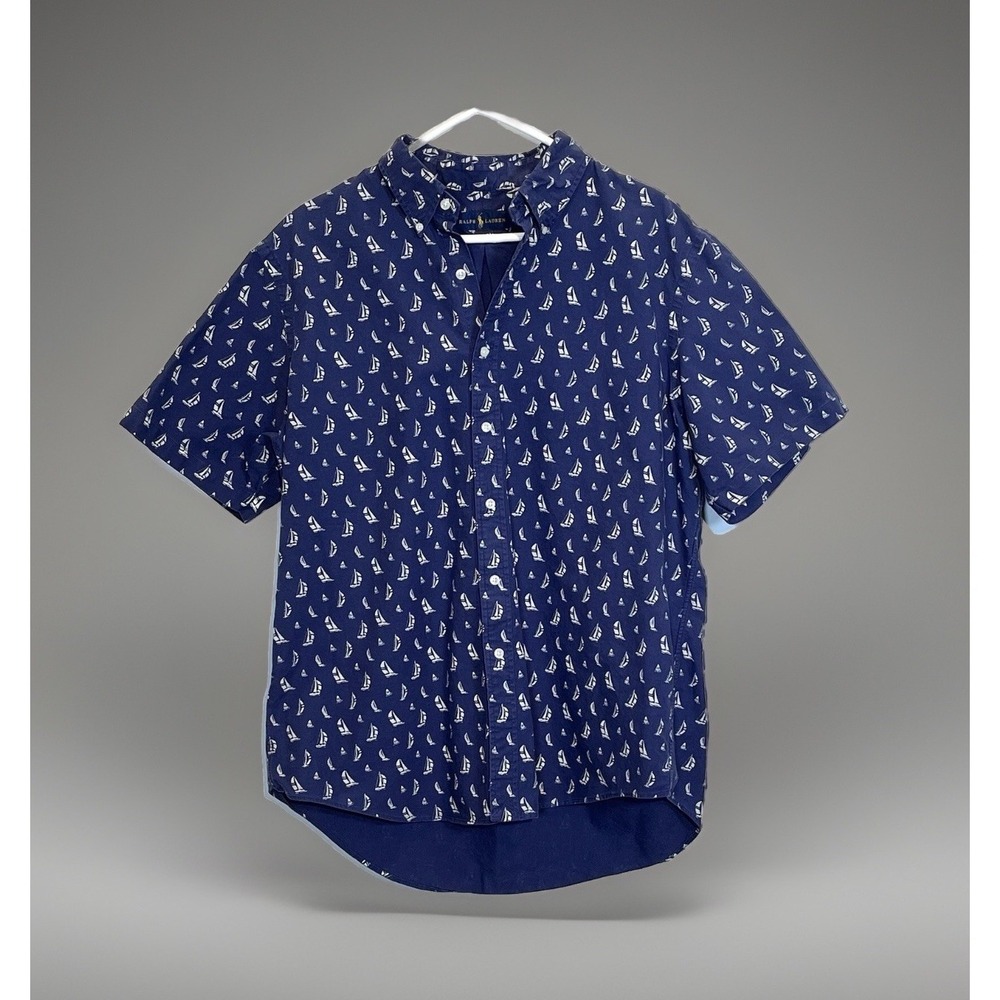 RALPH LAUREN Shirt Mens Sz XL Navy Nautical Sailboats Short Sleeve Button Down
